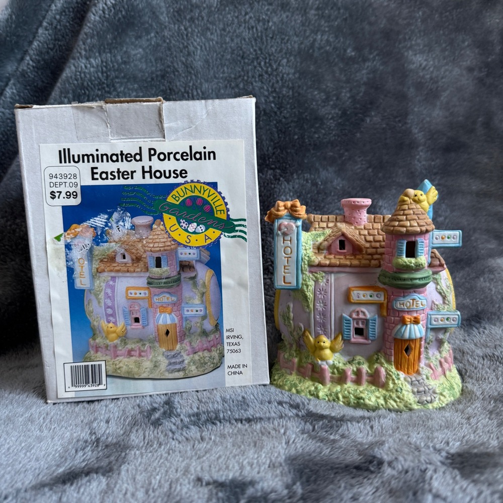 Vintage 1990s Bunnyville Gardens Hotel Illuminated Porcelain Easter House w/ Box